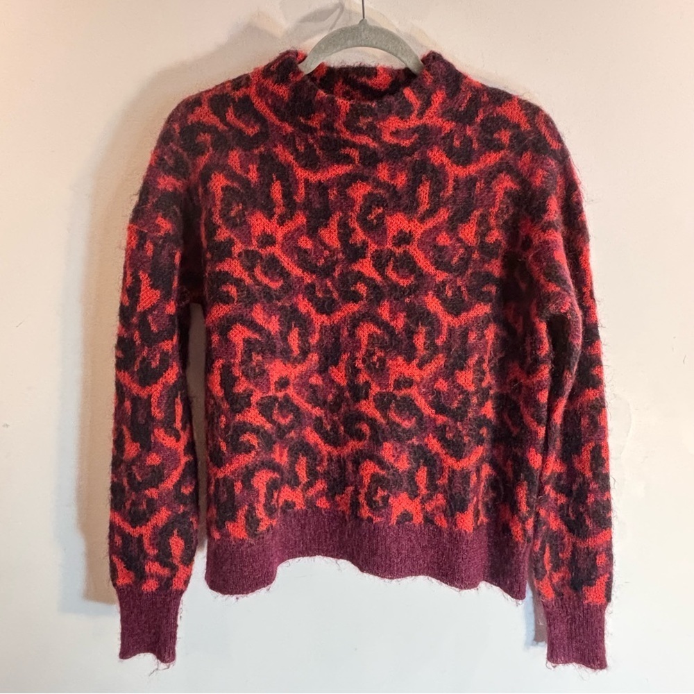 KAREN MILLEN Sz UK M Red Black Pink Animal Pattern Mock Neck Wool Mohair Sweater